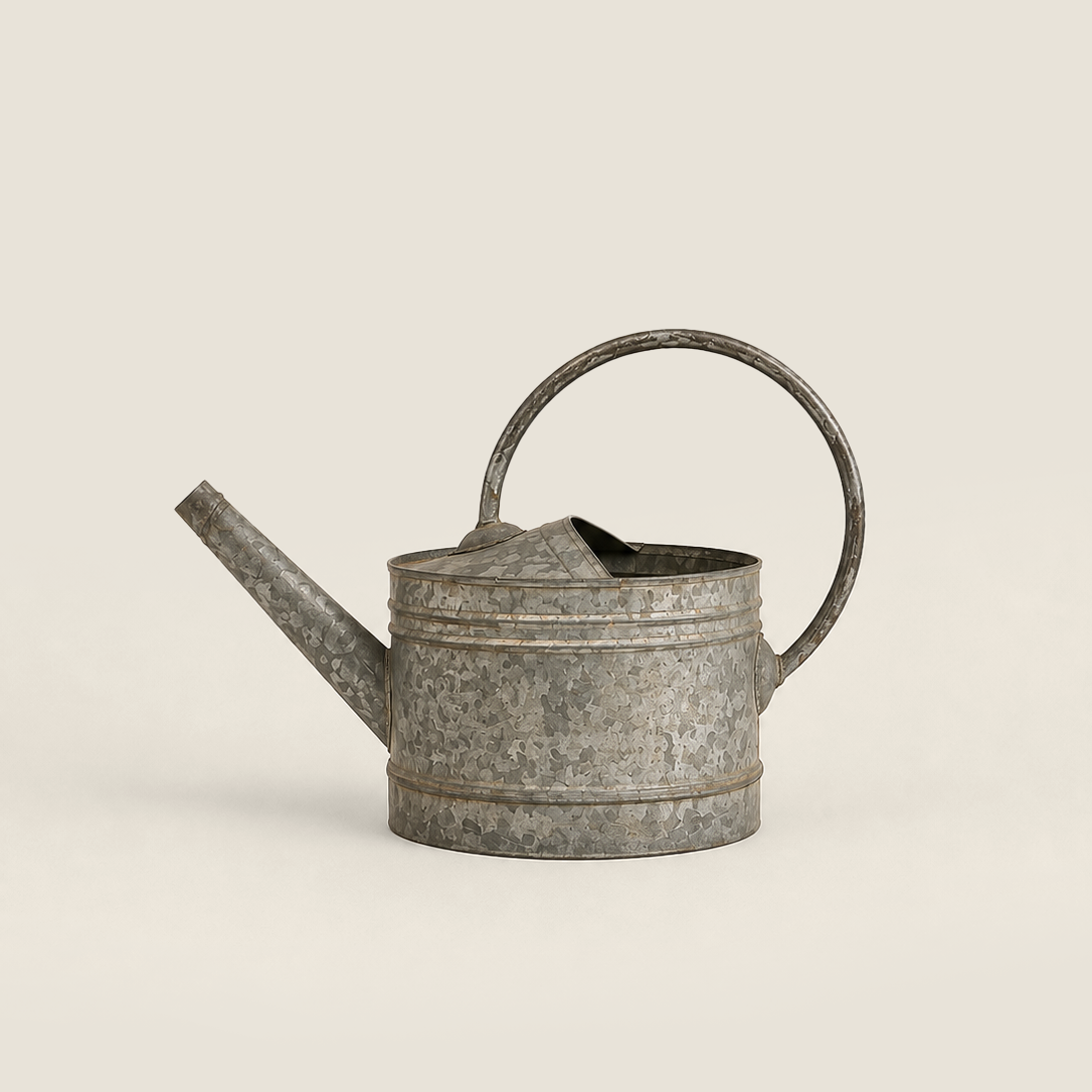 A galvanized metal watering can with a textured, weathered finish, featuring a curved spout and a loop handle, set against a solid light beige background.
