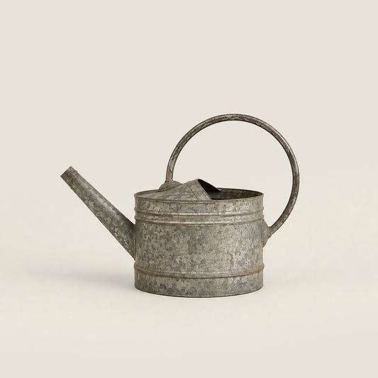 A galvanized metal watering can with a textured, weathered finish, featuring a curved spout and a loop handle, set against a solid light beige background.