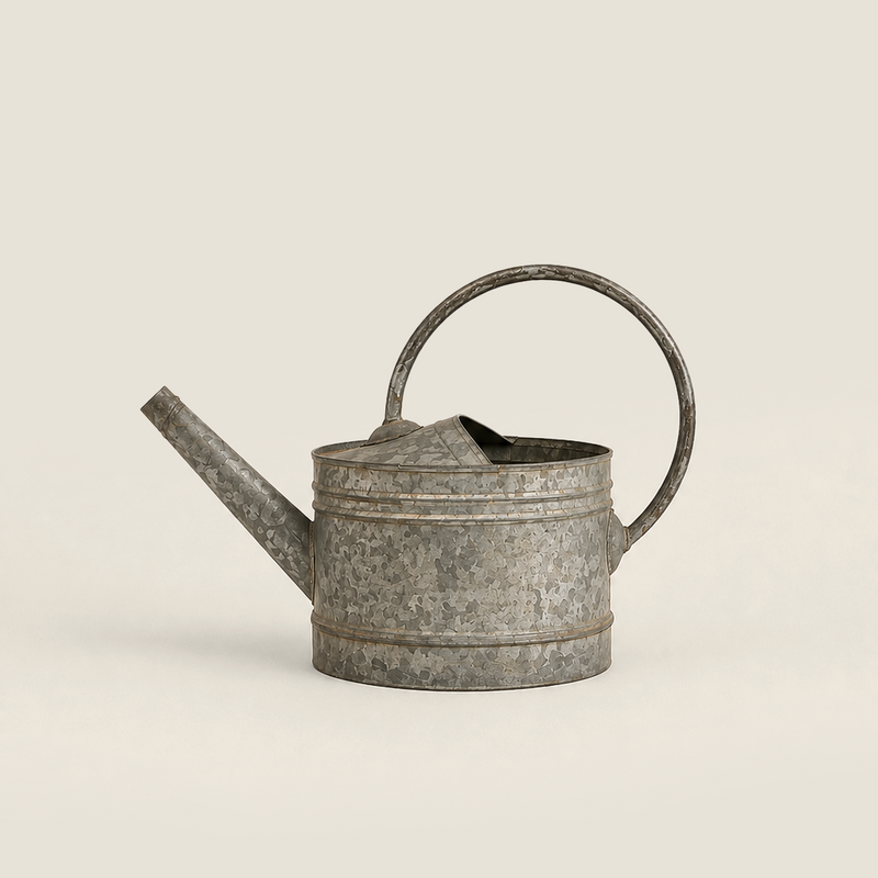 A galvanized metal watering can with a textured, weathered finish, featuring a curved spout and a loop handle, set against a solid light beige background.