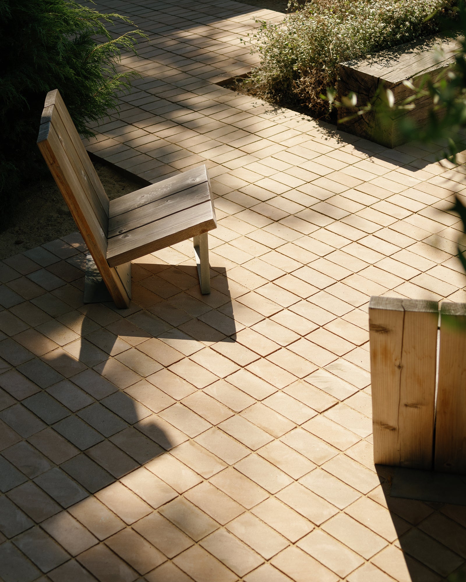 Wooden bench on a sunlit brick patio with plants around