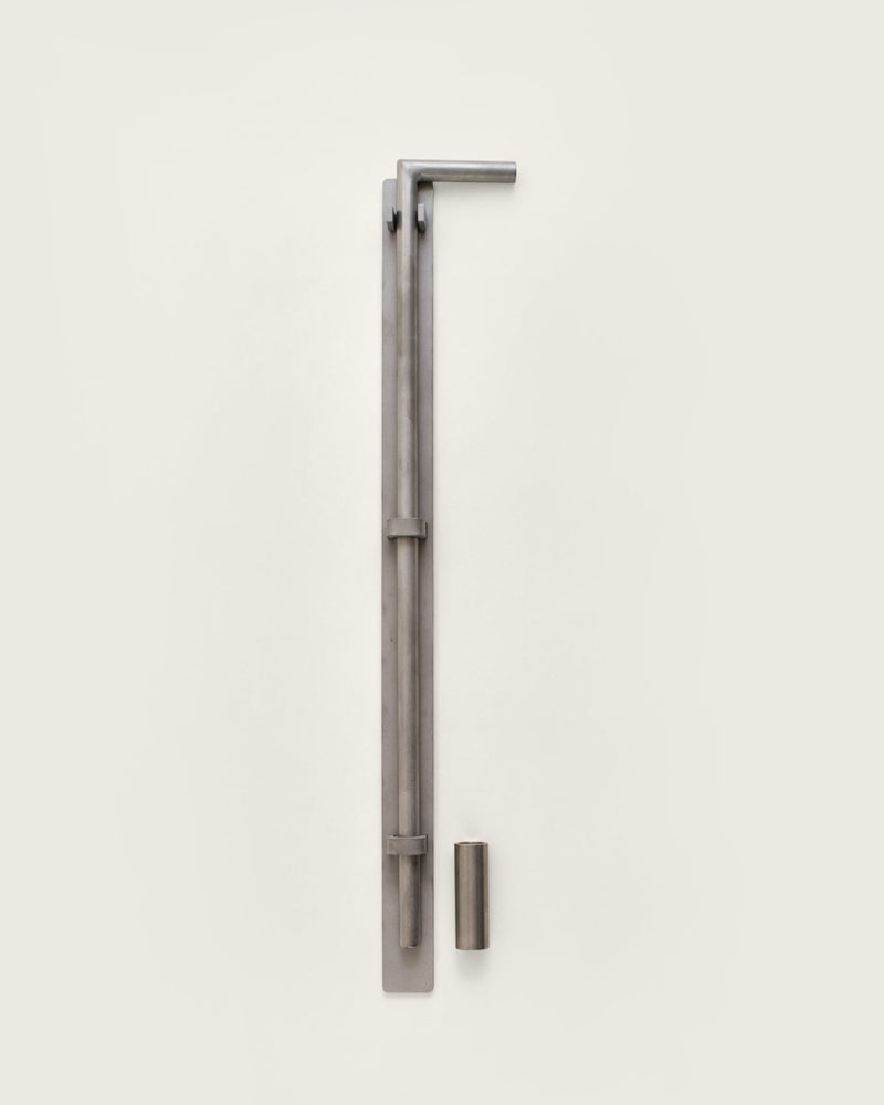 A silver cane bolt with an L-shaped endplate, displayed against a white background.