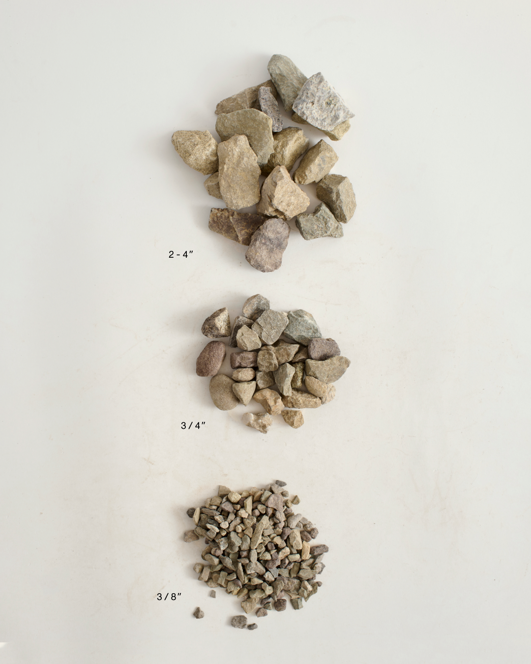 3 different rock sizes on a white background