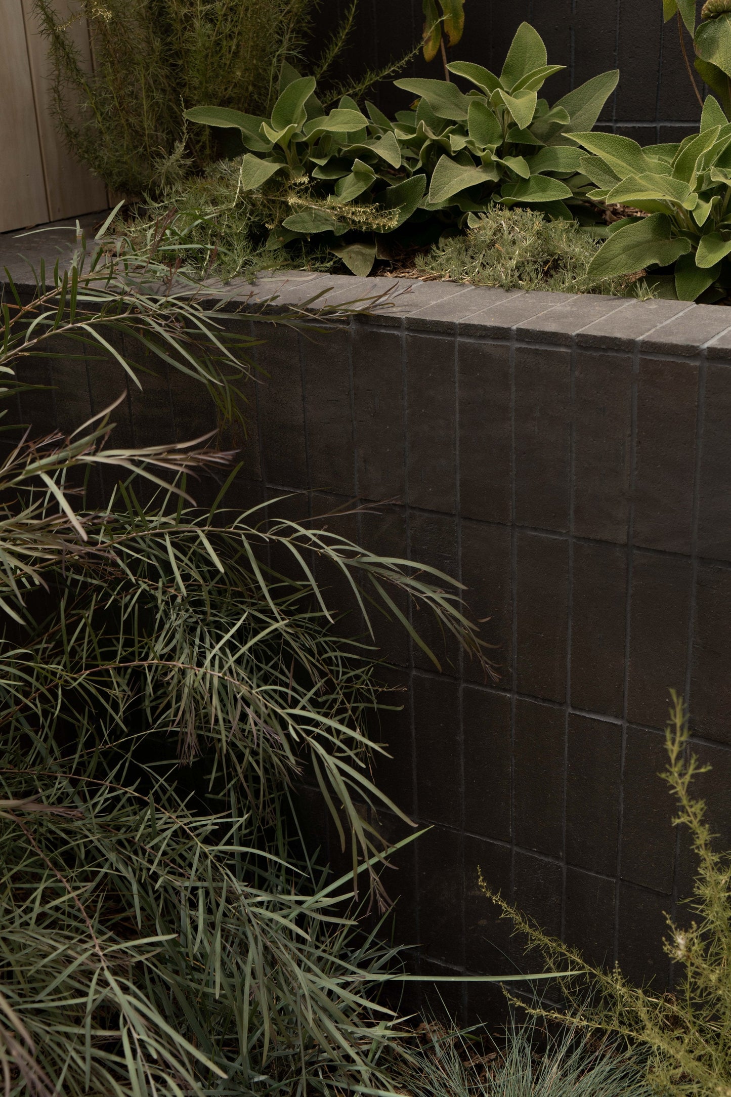 black tile retaining wall with plants 