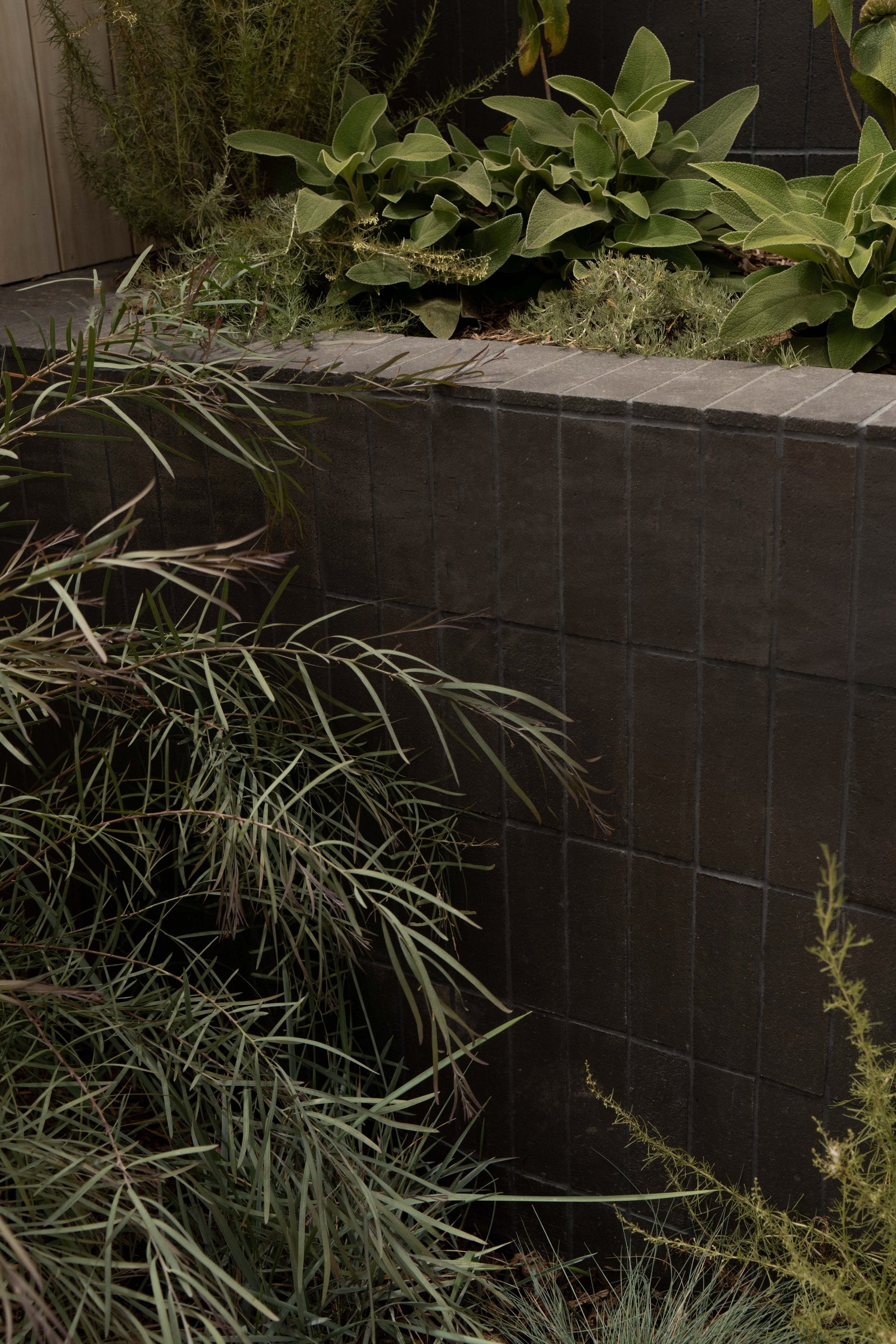 black tile retaining wall with plants 